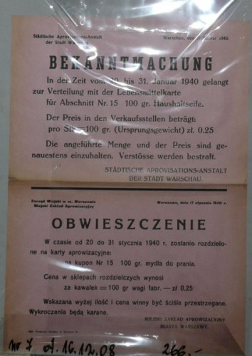 Obwieszczenie dot. kartek na mydło,Warszawa 1940